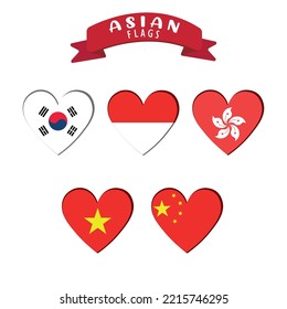 Set of heart shapes with different asian flags Vector