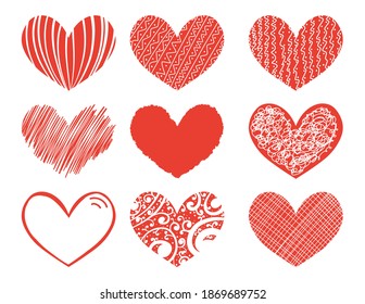Conjunto de formas de corazón en diferentes diseños gráficos, ilustración vectorial