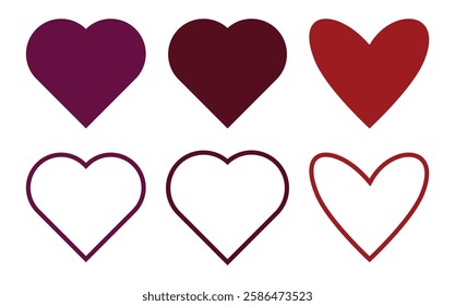 Set of heart shapes in different styles and shades of red. Solid and outline heart icons in red and burgundy. Minimalist heart symbols, bold and elegant designs, and diverse heart illustrations.