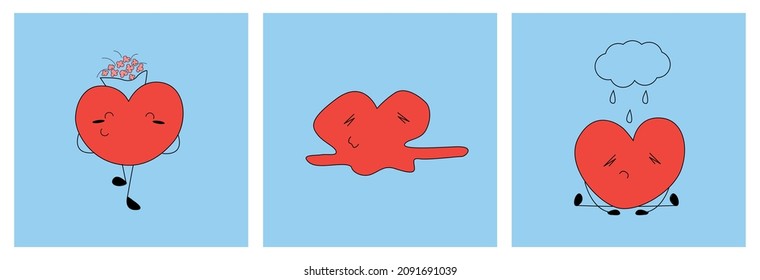 Conjunto de formas cardíacas emoticonos aislados en un fondo azul. Corazón enamorado. Caricatura divertida de los corazones de los emojis. El corazón lindo da flores, es triste y se derrite con amor. Tarjeta vector feliz día de San Valentín