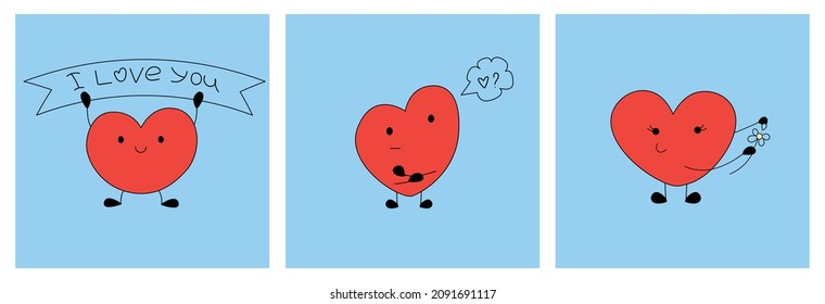 Set of heart shapes emoticons isolated on blue background . Heart in love. Funny cartoon character of emoji hearts. Cute heart confesses its love, heart brooding. Happy Valentine's day, vector card.