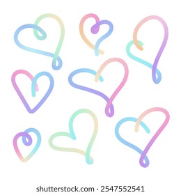 Set of Heart shapes with Gradient texture. Line contour Drawn Hearts icon in pastel Colors. Love emotion Doodle squiggle Elements for Design. Funny rainbow figure