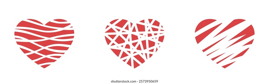 Set of heart shapes with lines. Love and romantic symbols. Valentines design elements. Isolated vector images