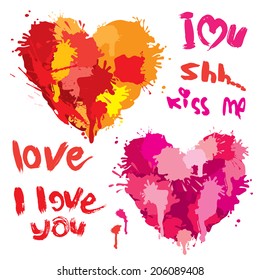 Set of Heart shapes are made of brush strokes and blots and handwritten text I love you - elements for Valentines Day or wedding design.