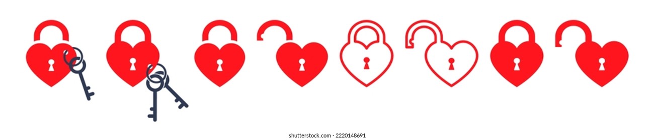 Set of heart shapes padlock with key. Open and closed love.  Heart with keyhole and key. Protect love. 