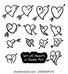 Set of heart shapes template in doodle art or hand drawn design with heart shoot by arrow in various design for video, banner, or social media post template