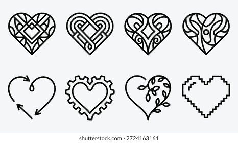 Set of heart shapes with various designs and patterns