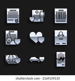 Set Heart With Shield, Car, Torn Contract, Certificate Template, Money, Document Key, Report File Document And Confirmed And Check Mark Icon. Vector