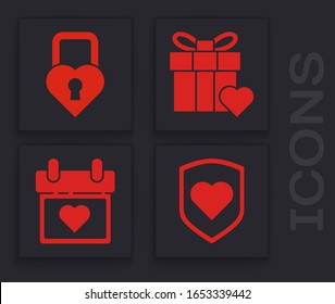 Set Heart with shield, Castle in the shape of a heart, Gift box and heart and Calendar with heart icon. Vector