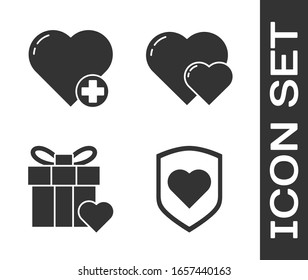Ajuste Corazón con escudo, Corazón, Caja de Regalo y Corazón y Corazón icono. Vector