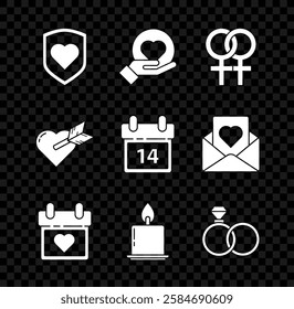 Set Heart with shield, on hand, Female gender symbol, Calendar heart, Burning candle, Wedding rings, Amour arrow and February 14 icon. Vector