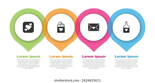 Set Heart, Shopping bag with heart, Envelope Valentine and Bottle love potion. Business infographic template. Vector