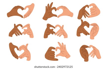 Set with the heart sign I love you, Valentine's Day images and expressions of love for you, a gesture with a message of love, heart shapes with both hands Variety of hands. Halves with different hands