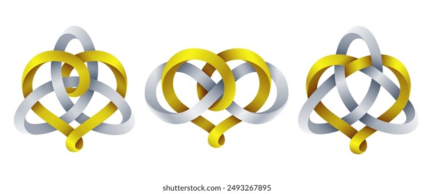 Conjunto de signos de corazón con nudo triquetra y símbolo de infinito hecho de rayas móviles entrelazadas. Símbolos del amor eterno armónico. Ilustración vectorial aislada sobre un fondo blanco.