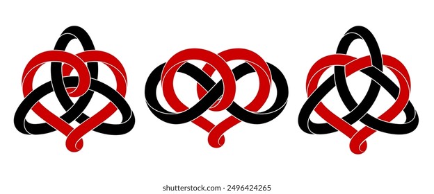 Conjunto de signos de corazón con nudo triquetra y símbolo del infinito hecho de rayas móviles entrelazadas. Símbolos estilizados del amor eterno por el diseño del tatuaje. Ilustración vectorial aislada sobre fondo blanco.