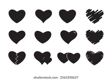 Set of heart silhouettes isolated on white background