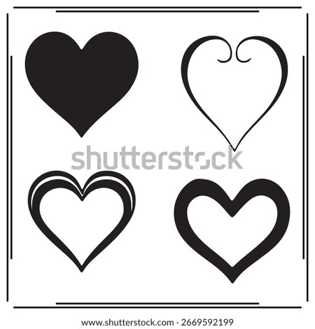 Set of Heart Silhouettes, Various Heart Shapes with Curves and Swirls, Black Icons on White Background, Love and Romance Symbols for Valentine's Day