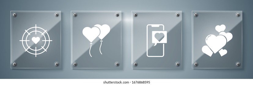 Set Heart, Smartphone with heart speech bubble, Balloons in form of heart and Heart in the center of darts target aim. Square glass panels. Vector