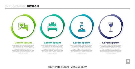 Set Heart in speech bubble, Bedroom, Couple love and Wine glass. Business infographic template. Vector