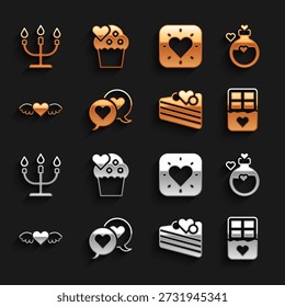 Set Heart in speech bubble, Bottle with love potion, Chocolate bar, Wedding cake, wings, Candlestick and  icon. Vector