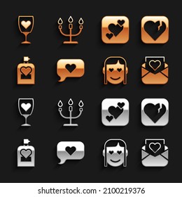 Set Heart in speech bubble, Broken heart or divorce, Envelope with Valentine, Romantic girl, Perfume, Glass of champagne and Candlestick icon. Vector