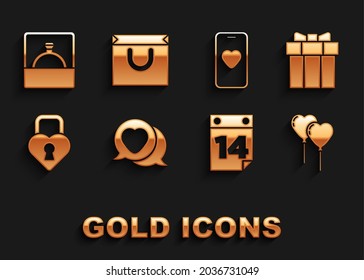 Set Heart in speech bubble, Gift box, Balloons form of heart, Calendar with February 14, Castle the shape, Online dating app and chat, Diamond engagement ring and Shopping bag icon. Vector