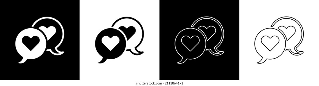 Establecer el icono de corazón en burbuja de voz aislado en fondo blanco y negro. Feliz Día de San Valentín.  Vector
