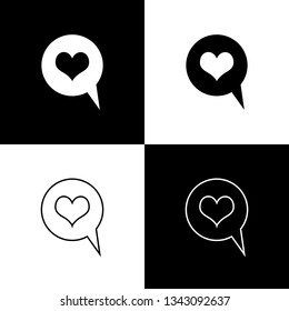 Set Heart in speech bubble icons isolated on black and white background. Heart shape in message bubble. Love sign. Valentines day symbol. Line, outline and linear icon. Vector Illustration