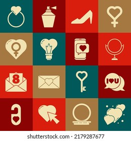 Set Heart, Speech bubble with I love you, Round makeup mirror, Woman shoe, shape in light bulb, Female gender heart, Wedding rings and Online dating app and chat icon. Vector