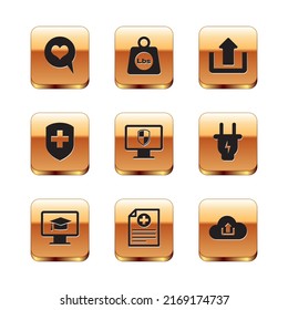 Set Heart in speech bubble, Monitor with graduation cap, Clinical record, and shield, Medical cross and Upload icon. Vector