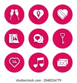 Set Heart in speech bubble, Music note, tone with hearts, Envelope Valentine, Key shape, Calendar February 14, Candy shaped box and Glass of champagne icon. Vector