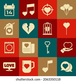 Fijar el corazón en la burbuja del habla, de la mano, forma de corazón de los globos, el objetivo de los dardos centrales, Divorcio roto, etiqueta, Calendario con 14 de febrero e icono de la jaula de pájaro. Vector