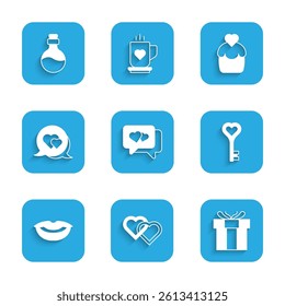 Set Heart in speech bubble, Two Linked Hearts, Gift box, Key heart shape, Smiling lips, Wedding cake and Bottle with love potion icon. Vector