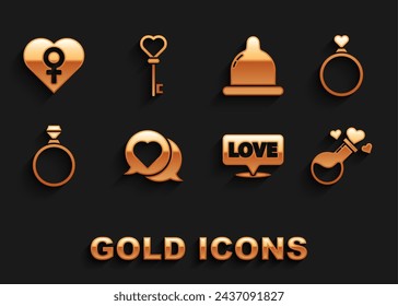 Set Heart in speech bubble, Wedding rings, Bottle with love potion, Speech text, Diamond engagement, Condom, female gender and Key heart shape icon. Vector
