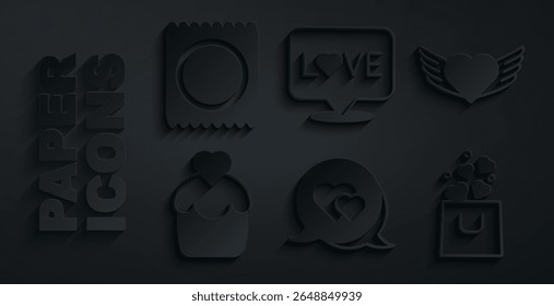 Set Heart in speech bubble, with wings, Wedding cake, Shopping bag heart, Love text and Condom package icon. Vector