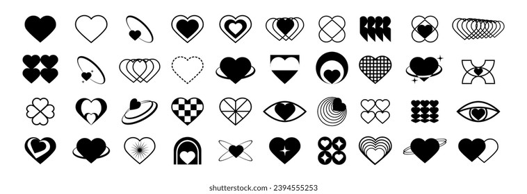 Set of heart star icons. Abstract hearts shapes. Modern simple black heart collection. Valentines day hearts icons. Set of geometric minimalist brutalism elements,bohemian ,swiss style. Love concept.