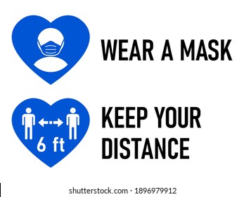 Set of Heart Sticker Icons for Coronavirus Measures including Wear a Mask and Keep Your Distance 6 ft or 6 Feet. Vector Image.