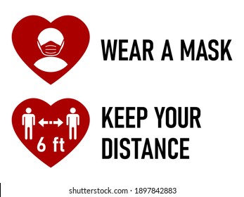Set of Heart Sticker Icons for Coronavirus Measures including Wear a Mask and Keep Your Distance 6 ft or 6 Feet. Vector Image.