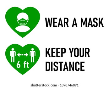 Set of Heart Sticker Icons for Coronavirus Measures including Wear a Mask and Keep Your Distance 6 ft or 6 Feet. Vector Image.