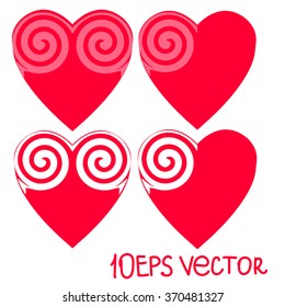 Set Heart with swirls. Cutout in the shape of a curl and transparent curl. Bright pink image isolated on a white background. Vector illustration. 