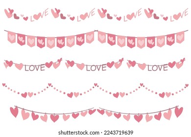 Set of Heart symbol decoration elements. Happy Valentine's day decorative garland collection. Heart symbol border elements for Valentine, Mother's day and Wedding. Vector illustration.