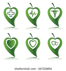 Set of heart symbols in green leaf. Vector.