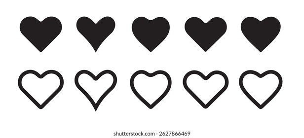 Set of heart symbols. Linear concept design in vector graphic. Outline web icon buttons, Heart icon. Different simple vector hearts and love. 