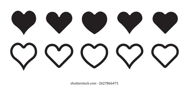 Set of heart symbols. Linear concept design in vector graphic. Outline web icon buttons, Heart icon. Different simple vector hearts and love. 
