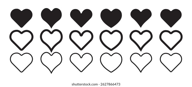 Set of heart symbols. Linear concept design in vector graphic. Outline web icon buttons, Heart icon. Different simple vector hearts and love. 
