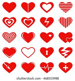Set of heart symbols, signs for Valentine's Day and a wedding on white background