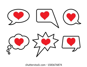 Set of heart symbols in speech bubbles. Communication, social media, like design elements. Love symbols.