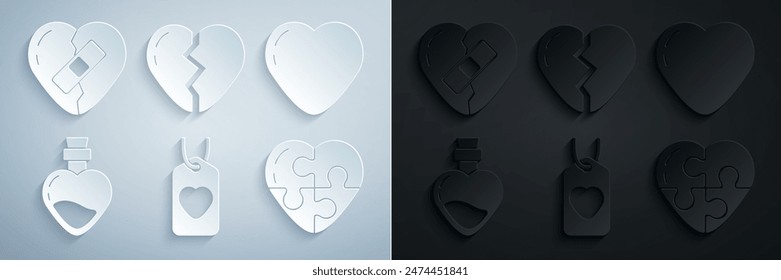 Set Heart tag, Botella con poción de amor, Corazón roto e icono roto curado. Vector