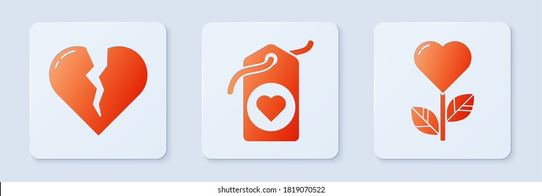 Set Heart tag, Broken heart or divorce and Heart shape in a flower. White square button. Vector