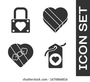 Set Heart tag, Lock and heart, Candy in heart shaped box and Candy in heart shaped box icon. Vector